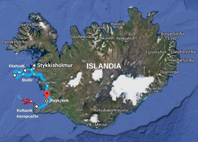 Mapa de ruta de 3 días en Snaefellsnes en Islandia. Alquila un coche y descubre Islandia por su cuenta.