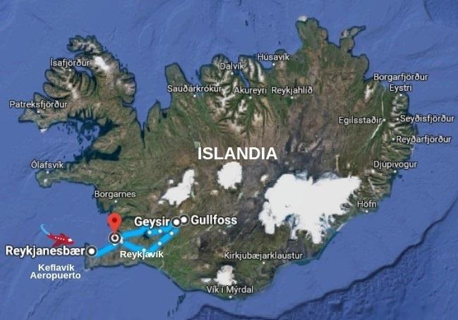 Mapa de circuíto de 3 días en Islandia. Alquila un coche y descubre Círculo Dorado.